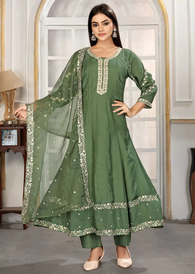 Green Embroidered Pant Style Suit