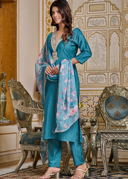 Teal Embroidered Pant Style Suit