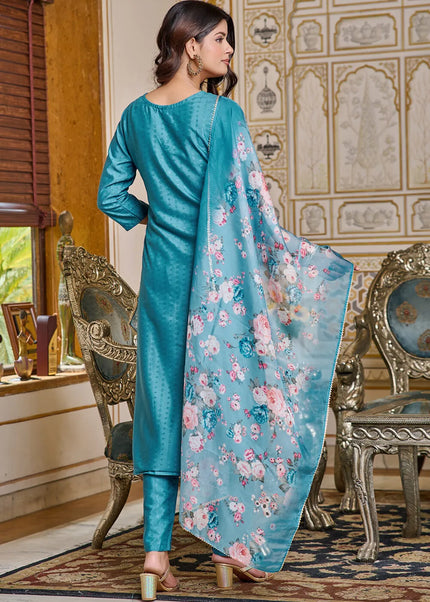 Teal Embroidered Pant Style Suit