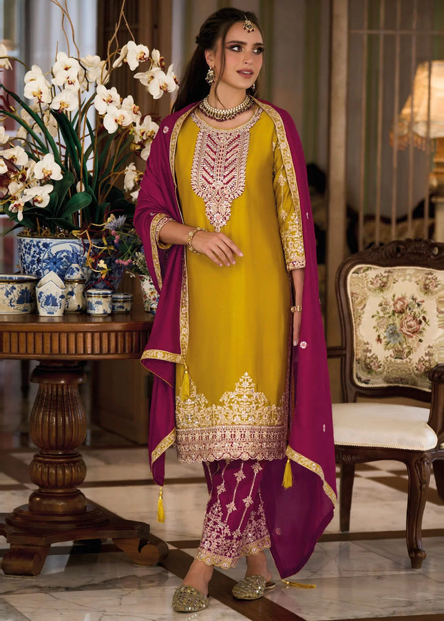 Yellow and Magenta Embroidered Pant Style Suit