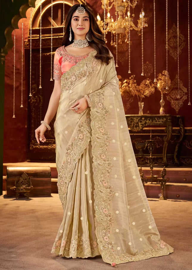 Pink and Beige Embroidered Wedding Saree