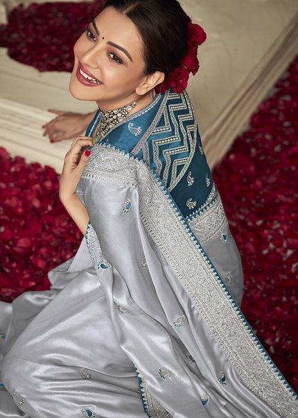 Grey and Blue Embroidered Festive Saree