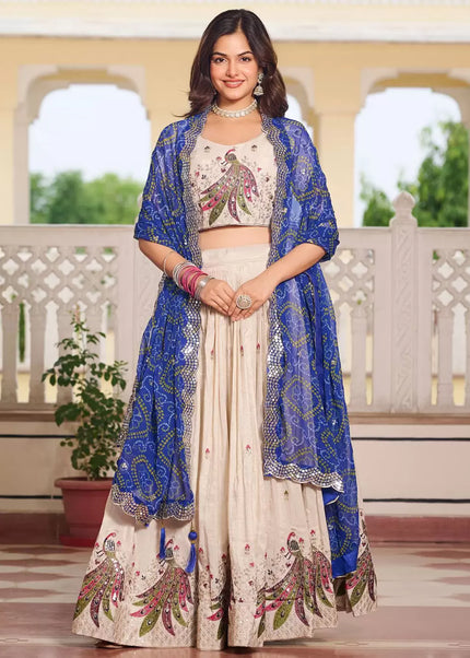 Offwhite and Blue Embroidered Lehenga Choli