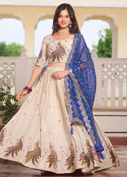 Offwhite and Blue Embroidered Lehenga Choli