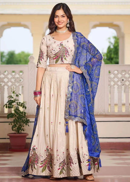 Offwhite and Blue Embroidered Lehenga Choli