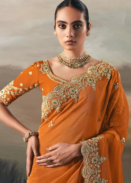 Orange Embroidered Festive Saree