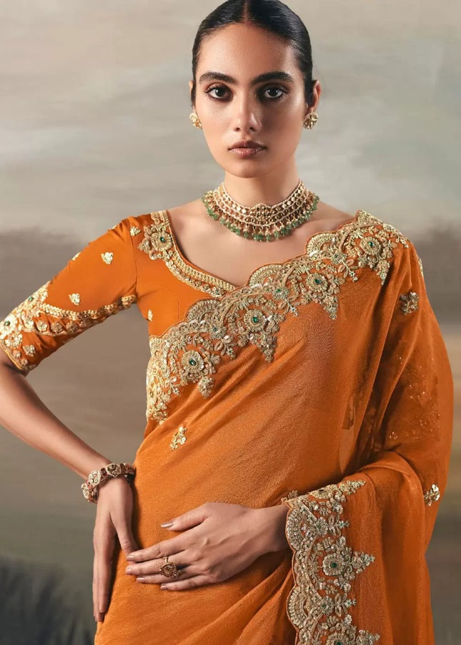 Orange Embroidered Festive Saree