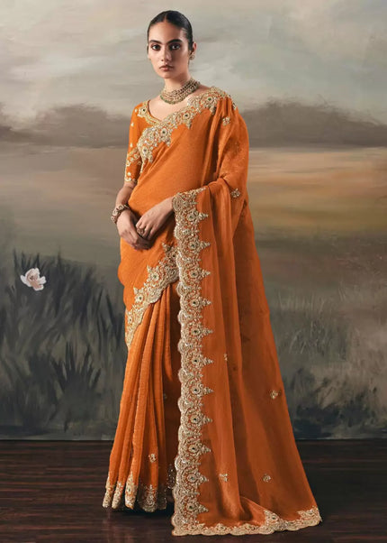 Orange Embroidered Festive Saree