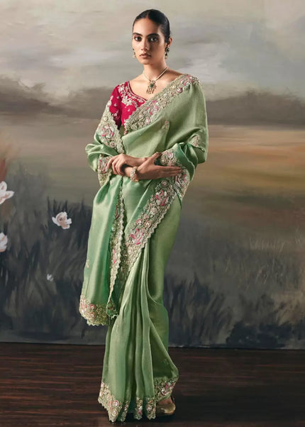 Green and Pink Embroidered Festive Saree