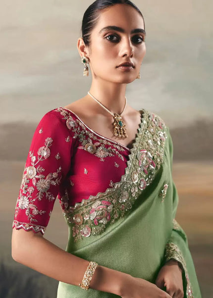 Green and Pink Embroidered Festive Saree