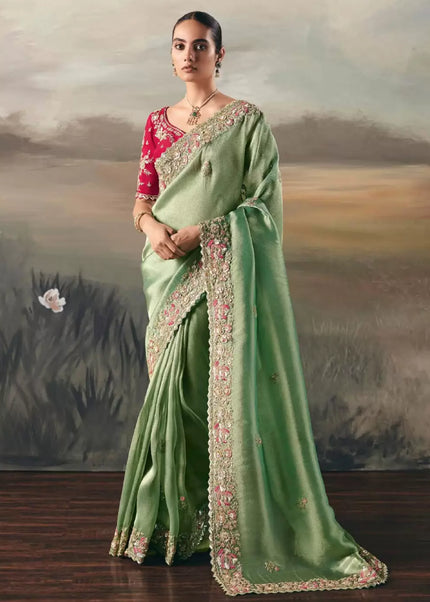 Green and Pink Embroidered Festive Saree