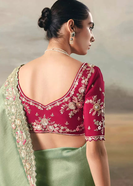 Green and Pink Embroidered Festive Saree