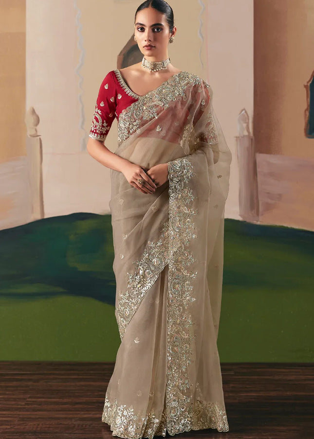 Red and Beige Embroidered Festive Saree