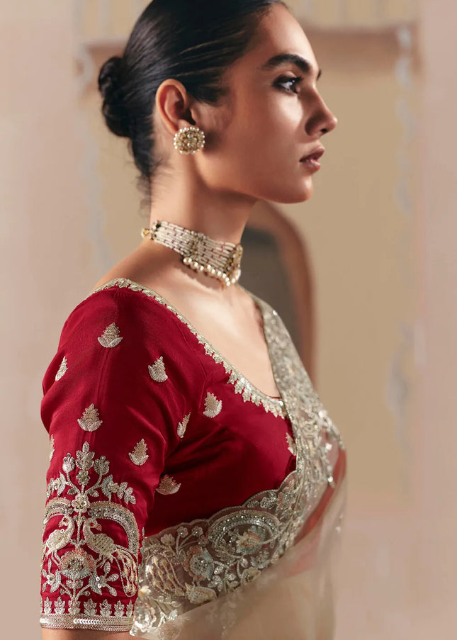 Red and Beige Embroidered Festive Saree