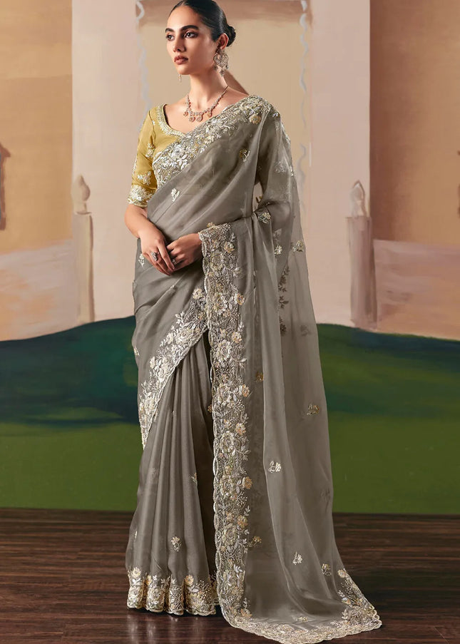 Mustard Yellow and Grey Embroidered Festive Saree