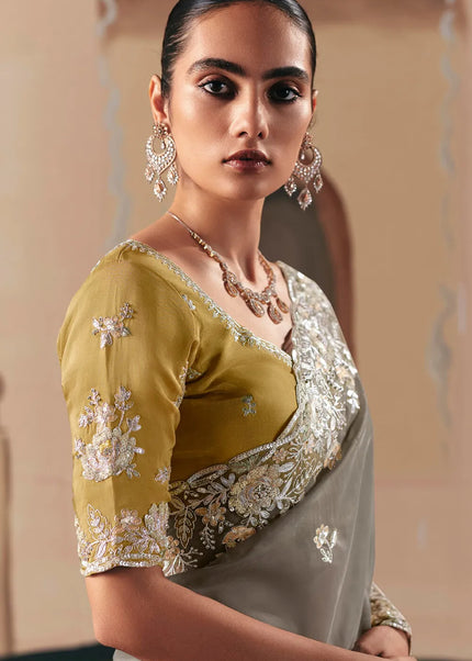 Mustard Yellow and Grey Embroidered Festive Saree