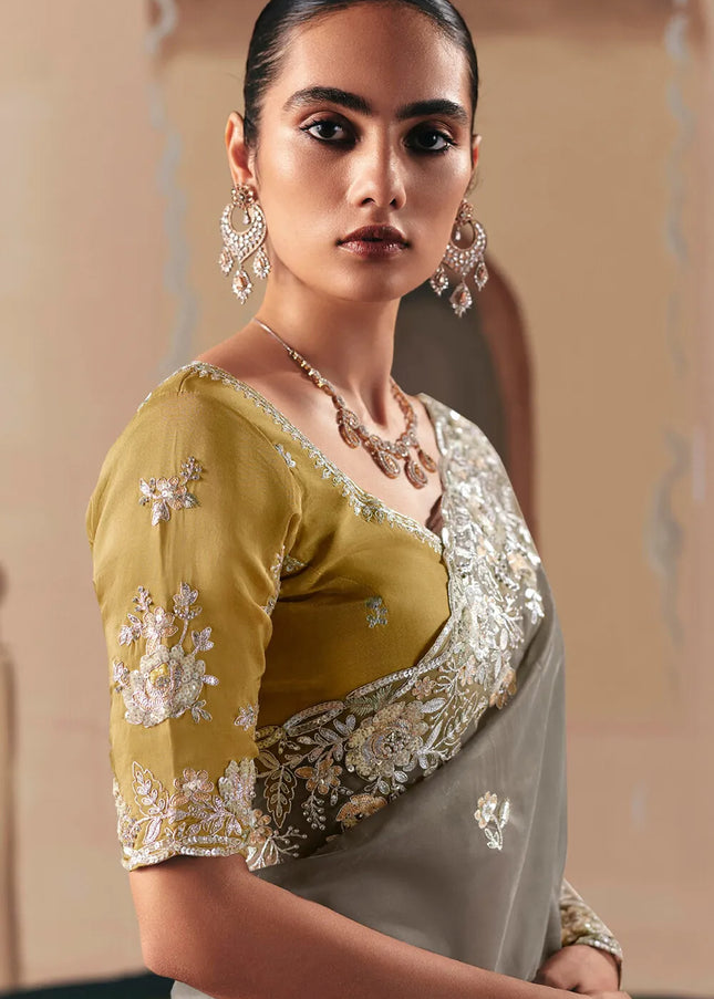 Mustard Yellow and Grey Embroidered Festive Saree