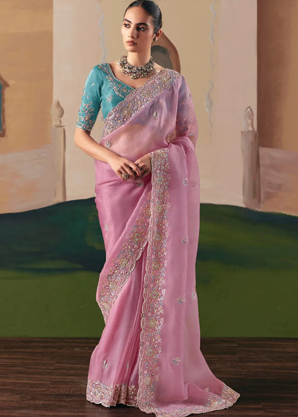 Sky Blue and Pink Embroidered Festive Saree