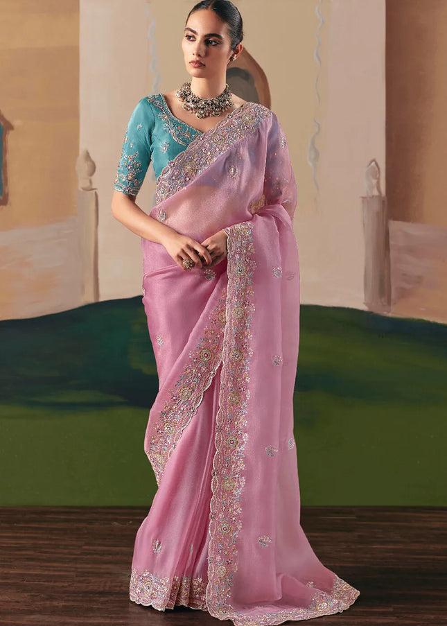 Sky Blue and Pink Embroidered Festive Saree