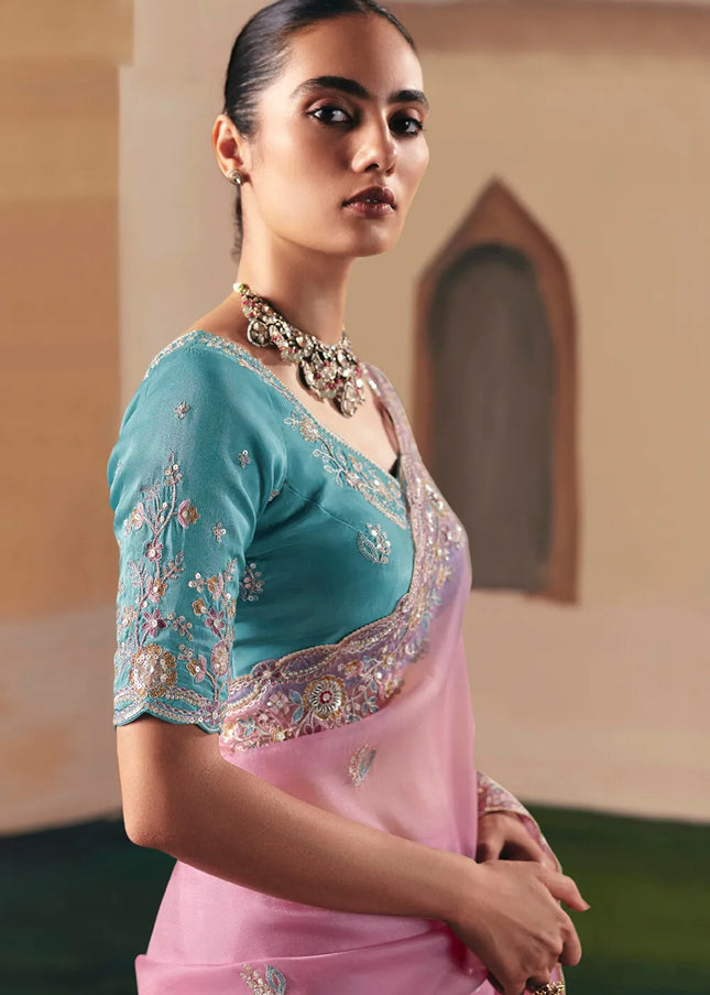 Sky Blue and Pink Embroidered Festive Saree