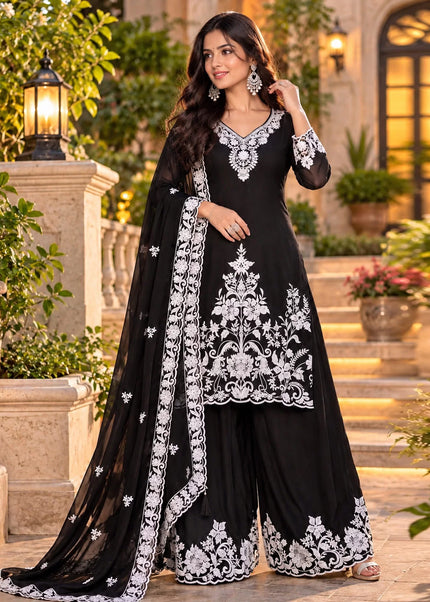 Black Embroidered Plazzo Suit