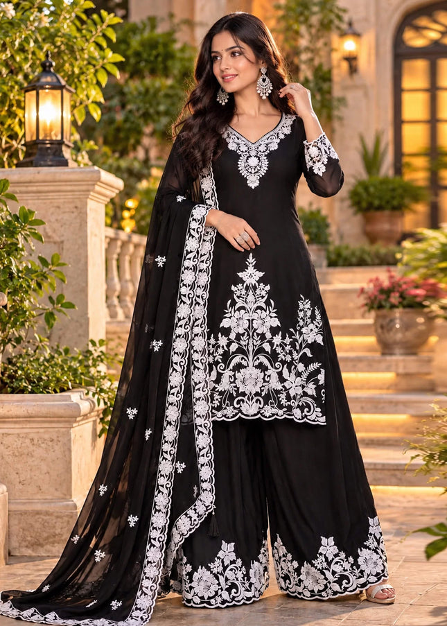Black Embroidered Plazzo Suit