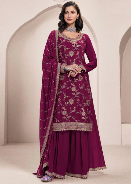 Maroon Embroidered Sharara Suit