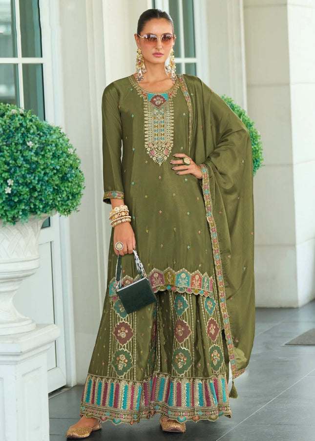 Green Embroidered Palazzo Suit