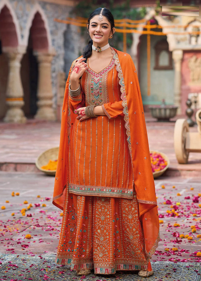 Orange Embroidered Sharara Suit