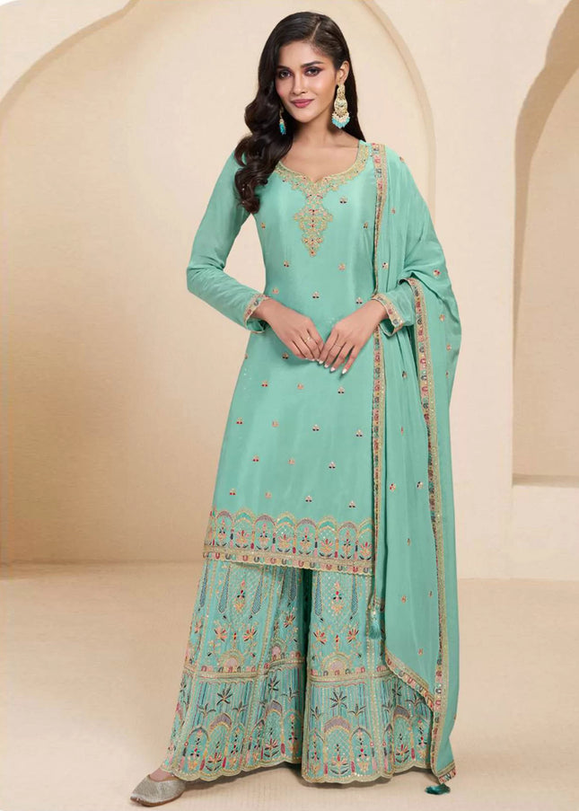 Turquoise Embroidered Sharara Suit