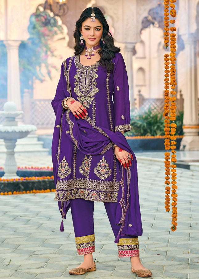 Purple Embroidered Pant Style Suit
