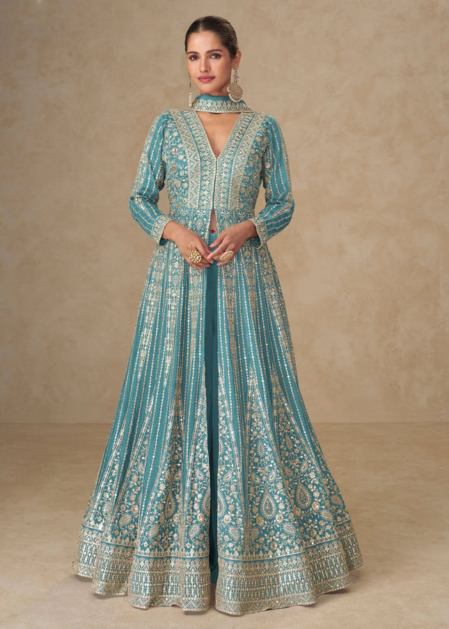 Turquoise Embroidered Lehenga Anarkali