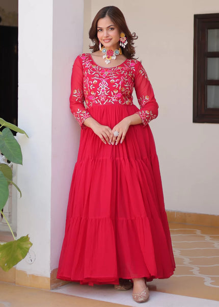 Red Embroidered Anarkali Gown
