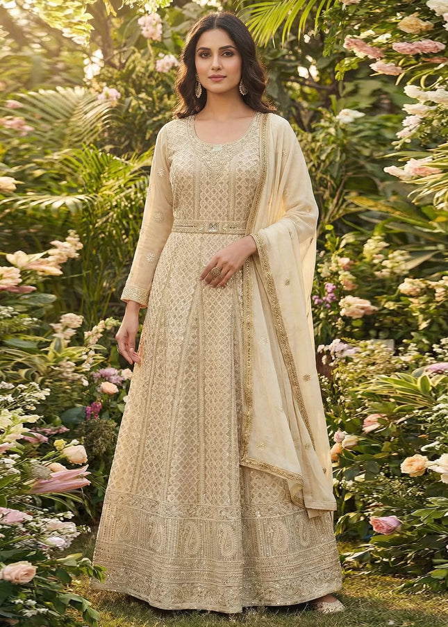 Cream Embroidered Anarkali Gown
