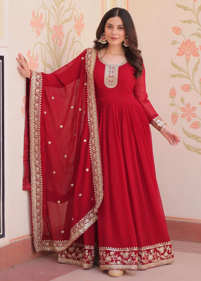 Red Embroidered Anarkali Gown