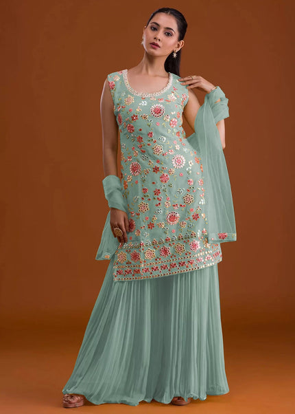 Sky Blue Embroidered Sharara Suit