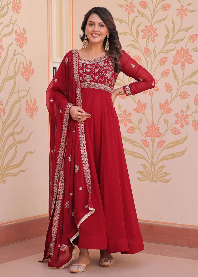 Red Embroidered Anarkali Gown