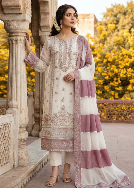 Offwhite and Pink Embroidered Pant Style Suit