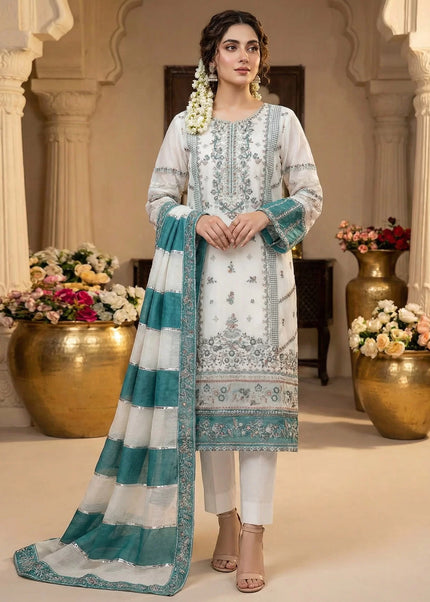 Offwhite and Teal Embroidered Pant Style Suit