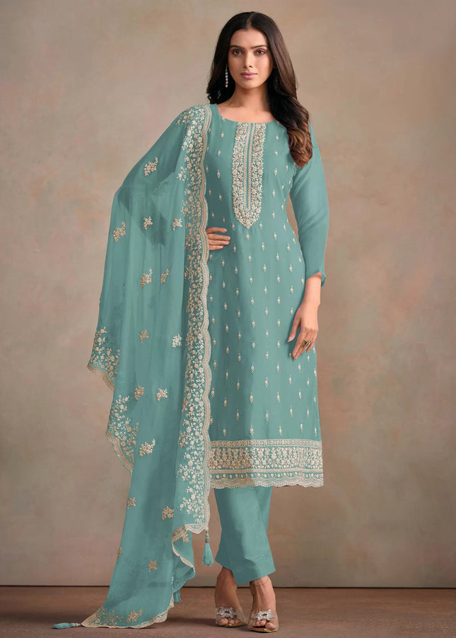 Turquoise Embroidered Pant Style Suit