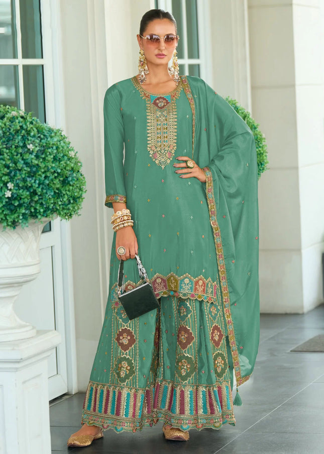 Sea Green Embroidered Palazzo Suit