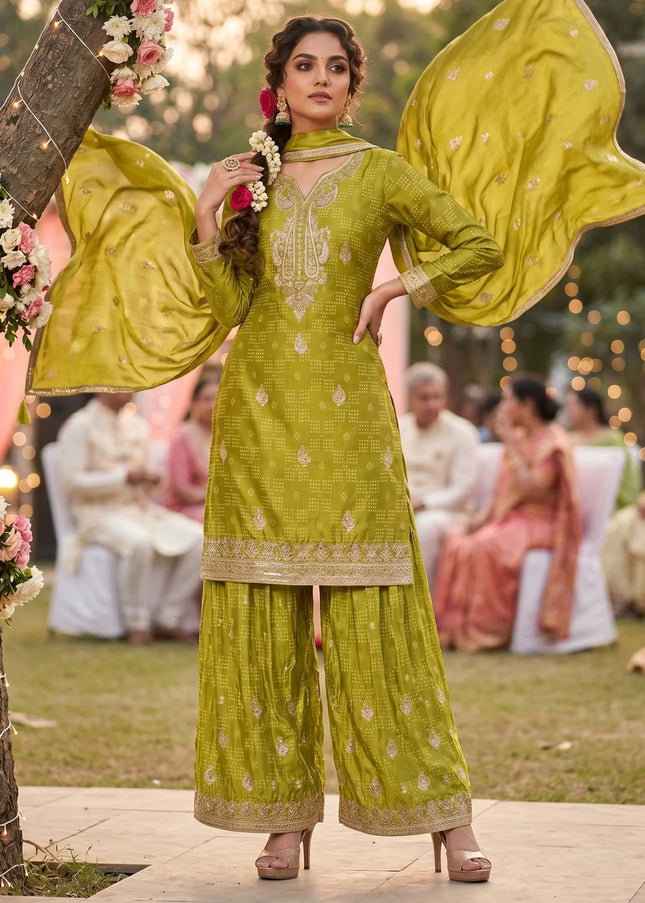 Green Embroidered Palazzo Suit