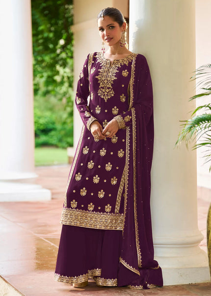 Purple Embroidered Sharara Suit