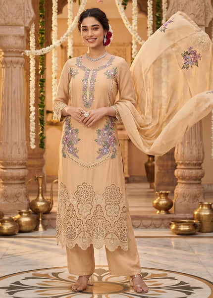 Beige Embroidered Pant Style Suit