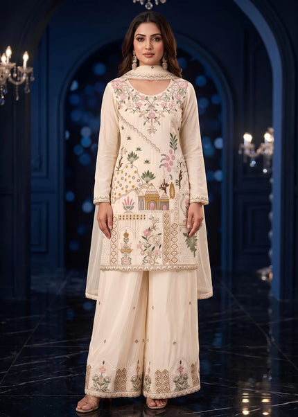 Cream Embroidered Sharara Suit