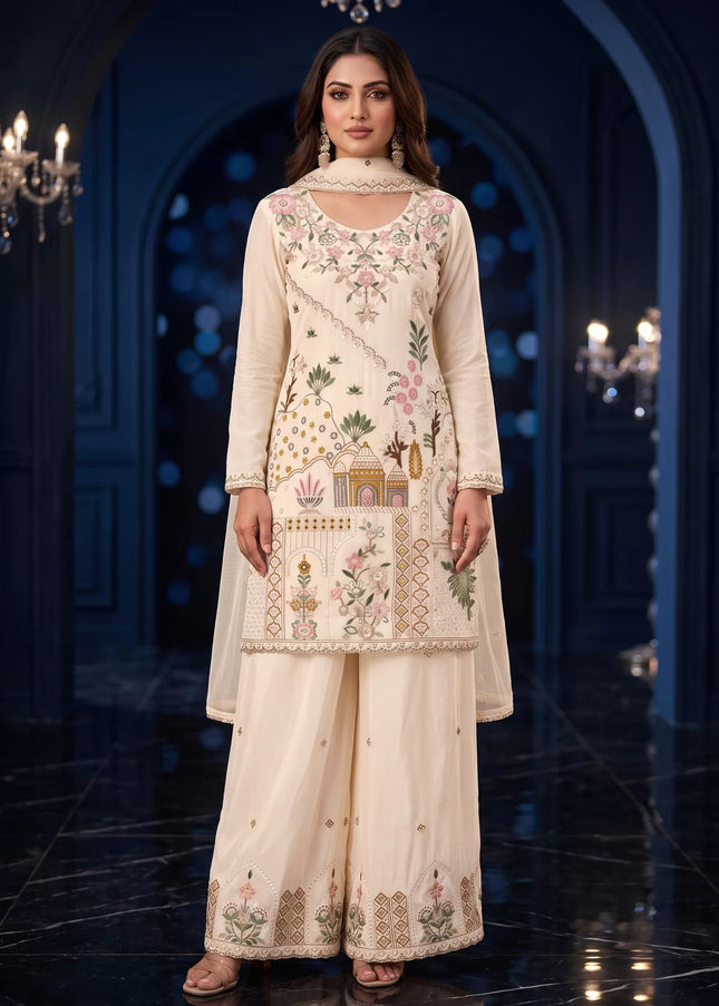 Cream Embroidered Sharara Suit
