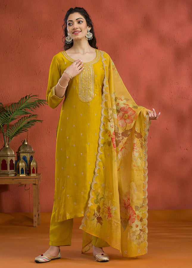 Yellow Embroidered Pant Suit