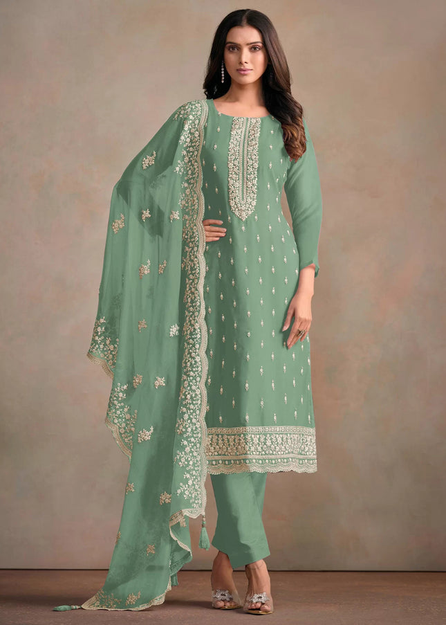 Sea Green Embroidered Pant Style Suit
