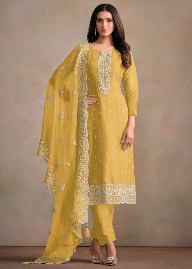 Mustard Yellow Embroidered Pant Style Suit