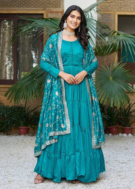 Turquoise Embroidered Anarkali Gown